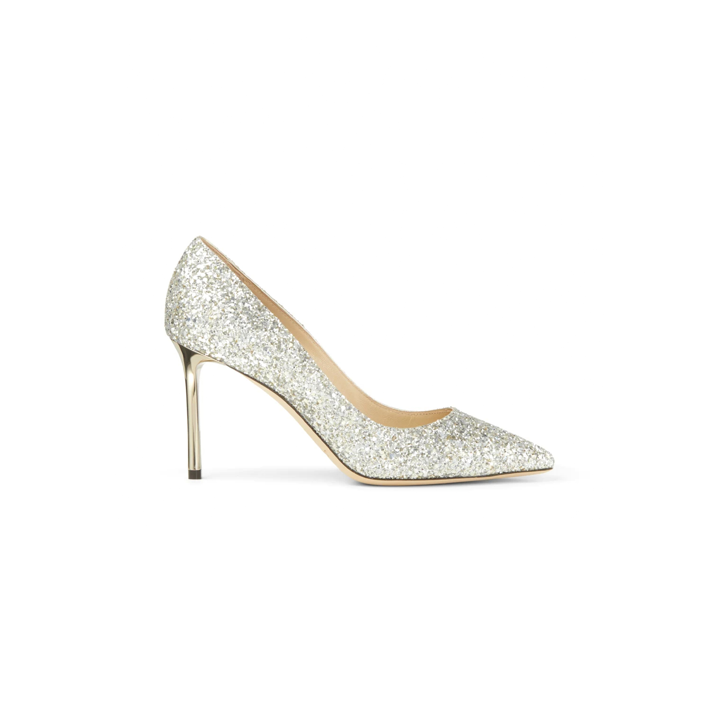 JIMMY CHOO ROMY 85 CHAMPAGNE COARSE GLITTER FABRIC POINTY TOE PUMPS ROMY85CGF